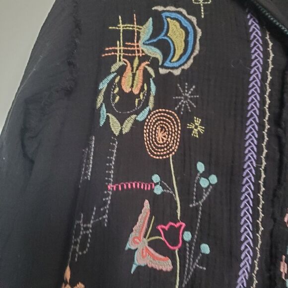 XL JOHNNY WAS EMBROIDERED COTTON LIGHTWEIGHT BOHO TUNIC TOP NAVY FRONT POCKET - Picture 7 of 15